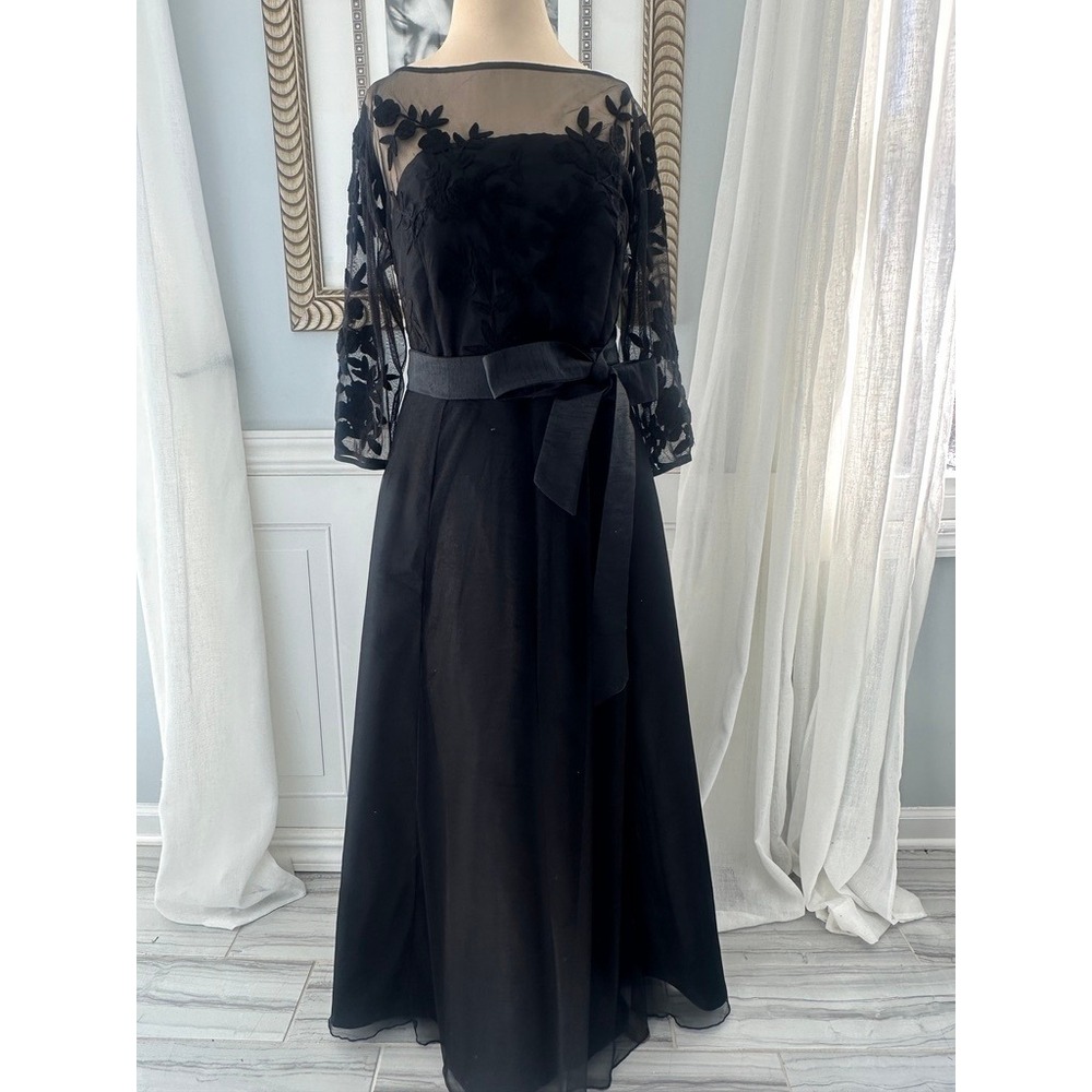 eShakti Gala A-Line Floral Embroidery‎ Organza Black Goth Romantic Size 10/12